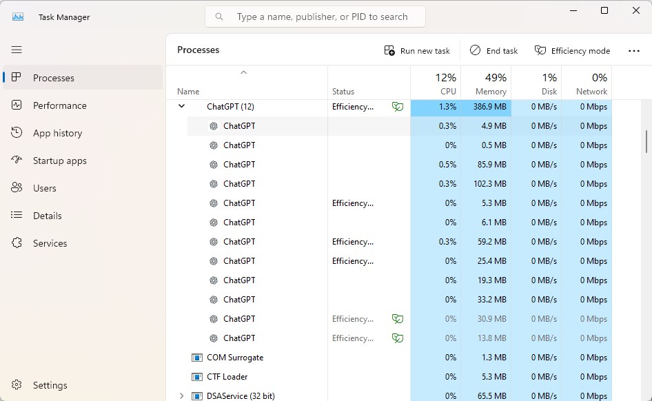 ChatGPT memory usage windows