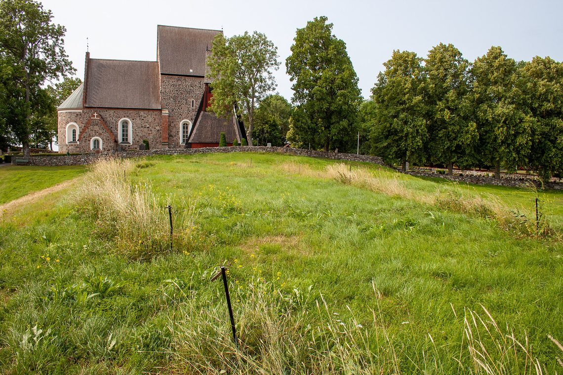Kungsgårdsplatån, 8 juli 2013. Stolparna i gräset markerar hallens läge, kyrkan bakom. Foto: Szilas (CC BY 4.0).