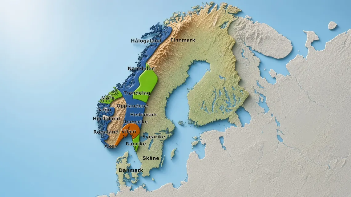 Uppdelningen av Norge efter slaget enligt Heimskringla. Blått: Erik jarl under Sven Tveskägg. Grönt: Sven jarl under Olof Skötkonung. Orange: Sven Tveskägg direkt.